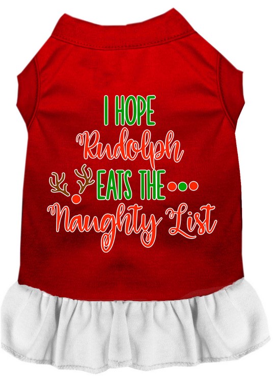 Hope Rudolph Eats Naughty List Screen Print Dog Dress Red with White XS